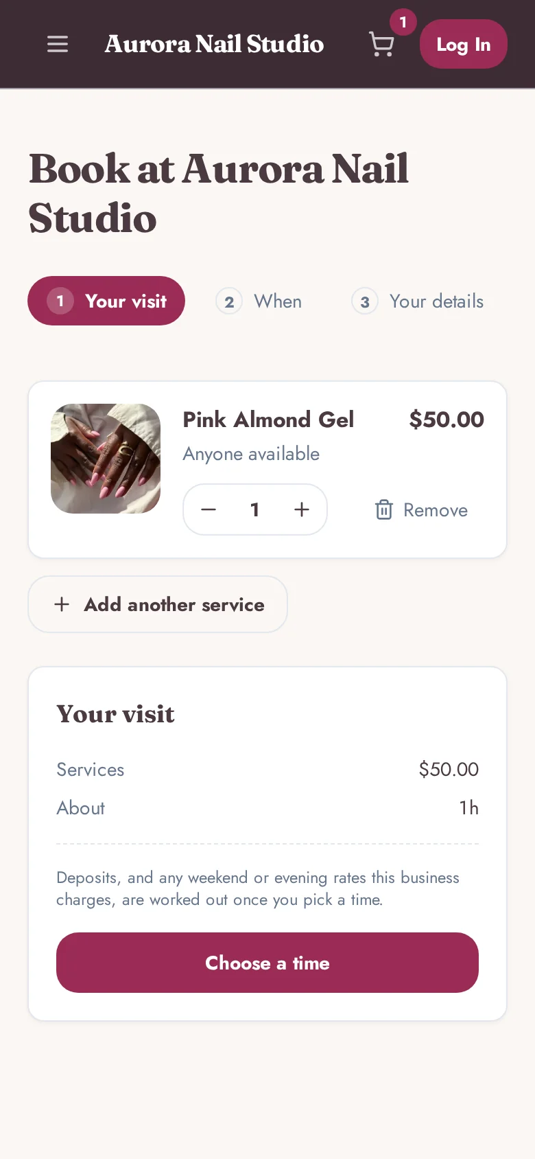 A client on a phone adds Nail Art to a Pink Almond Gel booking from the "Add another service" panel, without starting over