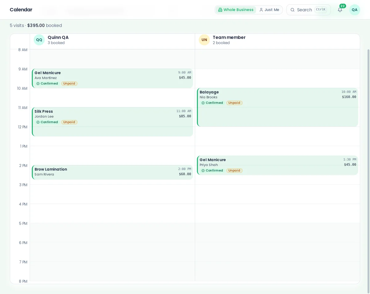 Block time with the Appointment option: a client's name and service saved as a hold on the calendar