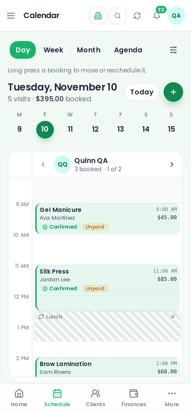 The ChairWatch Providers calendar on a phone: a full day of bookings, scrolled, then one visit opened
