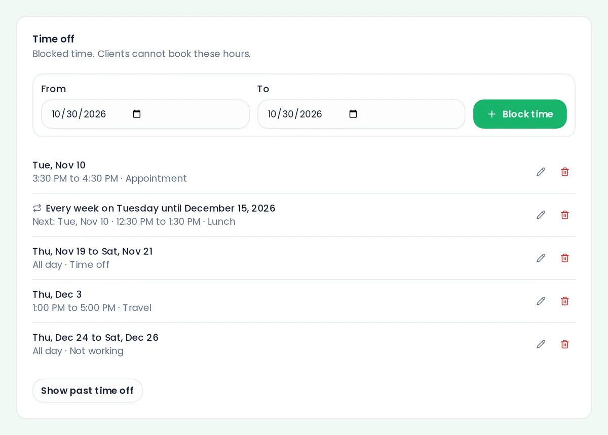 A team member's Time off tab listing their upcoming days away, with the reason for each